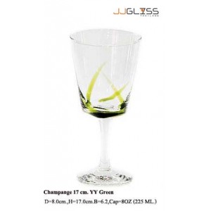 Glass Champange 17 cm. YY Green - 8 oz. Green Champagne Glass with Striped Colors on Top (225 ml.)